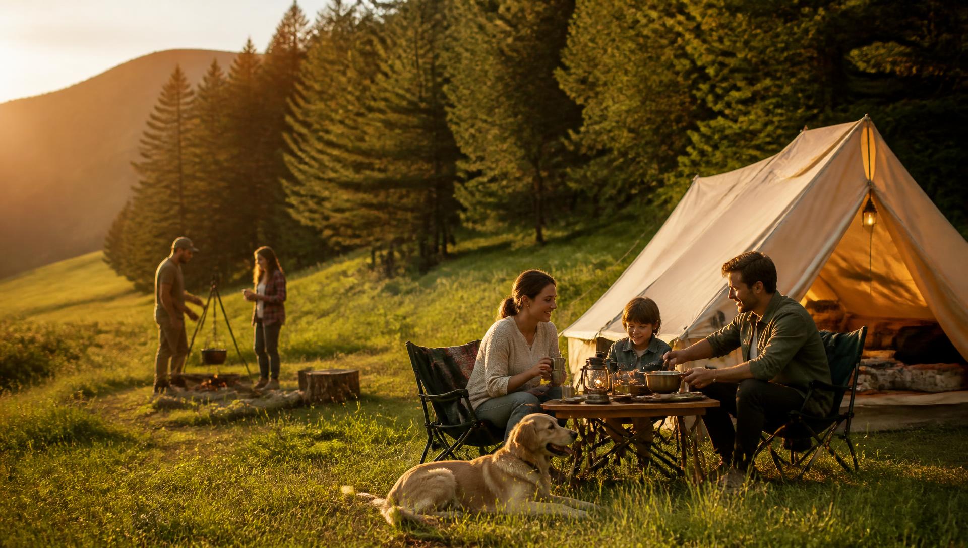 Familie an einem Campingplatz am Waldrand im Abendlicht